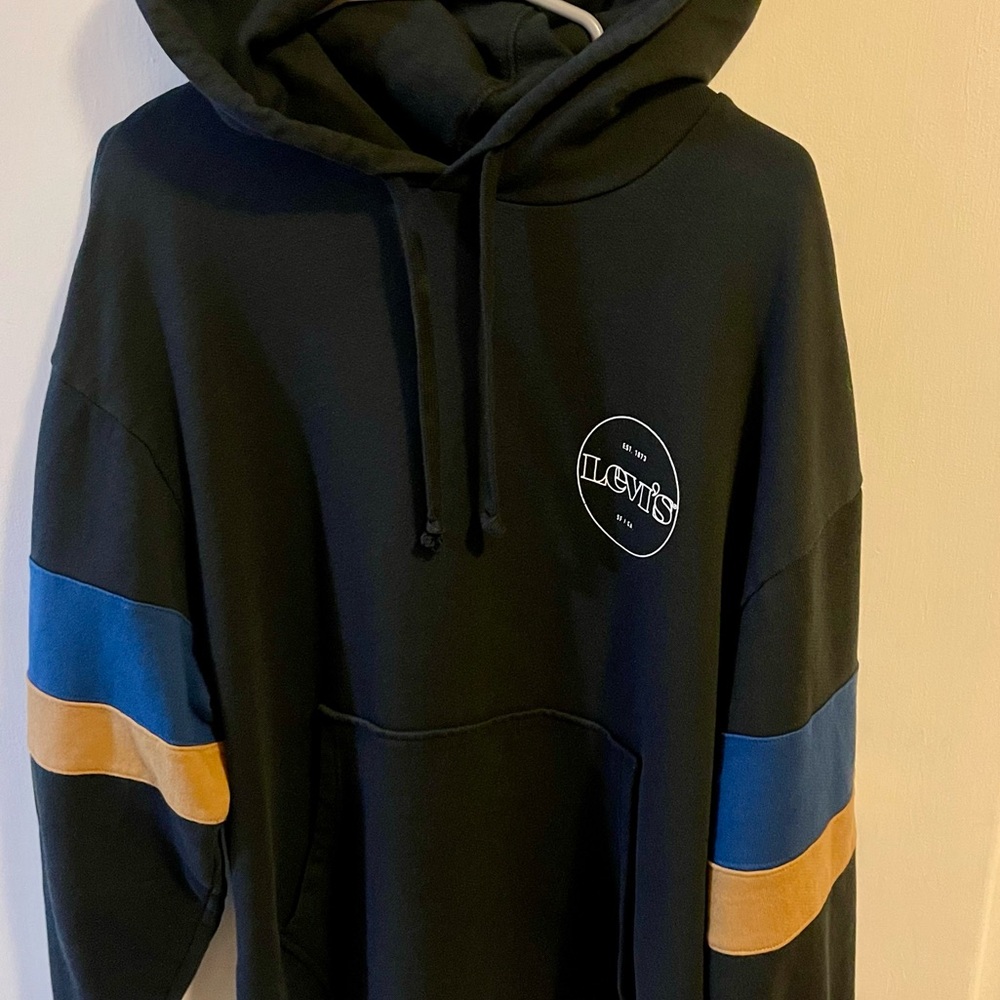 Levis Hoodie Medium Relaxed Sweatshirt Black Modern Vintage Retro Open Hem